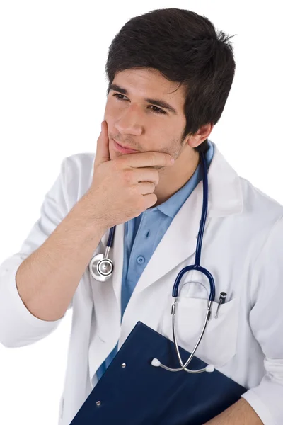 Tankeväckande Manliga Läkare Student Med Stetoskop Vit Bakgrund — Stockfoto