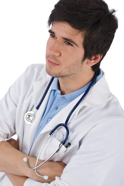 Médico Estudante Sexo Masculino Com Braços Estetoscópio Cruzados Fundo Branco — Fotografia de Stock