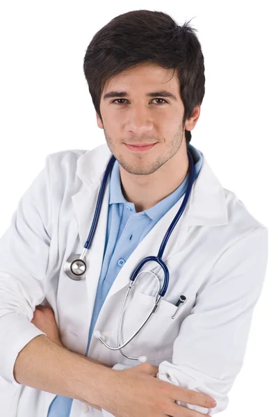 Erkek Öğrenci Doktor Stetoskop Kollu Beyaz Arka Plan Üzerinde Çarpı — Stok fotoğraf