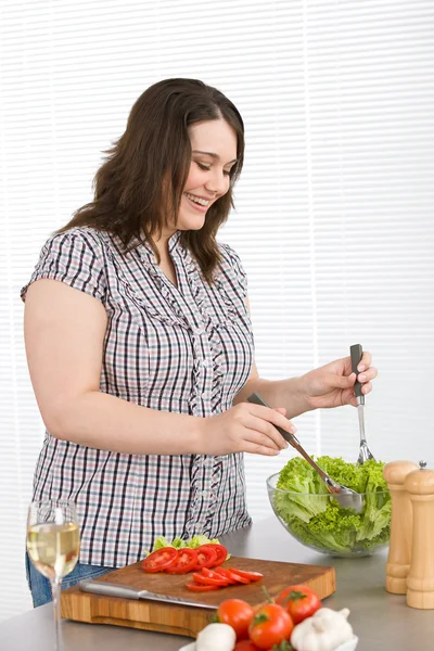 Cook Size Happy Woman Preparing Vegetable Salad Lettuce Modern Kitchen — Stock Photo, Image