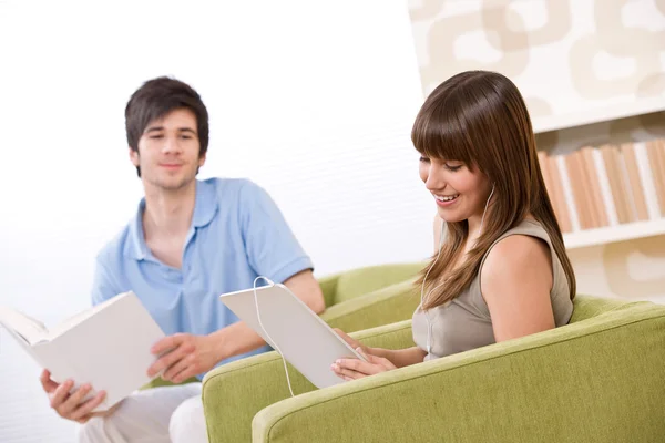 Student Teenage Woman Touch Screen Tablet Computer Armchair Lounge Man — Stock Photo, Image