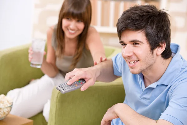 Student Happy Teenagers Watching Television Holding Remote Control Living Room — Stock Photo, Image