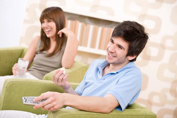 Student Happy Teenagers Watching Television Holding Remote Control — Stock Photo, Image