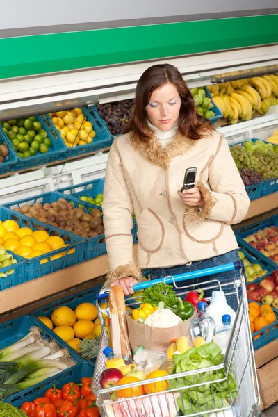 Grocery Store Shopping Woman Winter Outfit Mobile Phone — Stock Photo, Image
