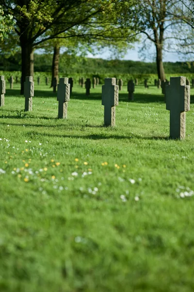 Reihe Von Kreuzen Auf Dem Friedhof Bei Sonnenuntergang Flach Dof — Stockfoto