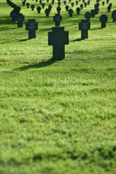 Rasenfeld Mit Kreuzen Bei Sonnenuntergang Friedhof Flacher Dof — Stockfoto