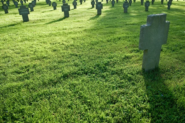 Cementerio Con Cruces Hierba Atardecer —  Fotos de Stock