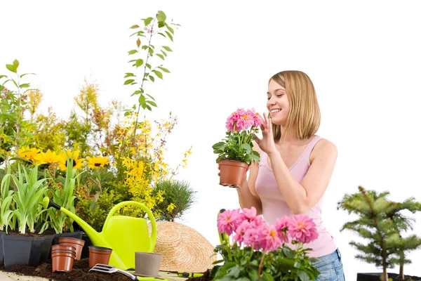 Tuinieren - gelukkige vrouw die bloempot — Stockfoto