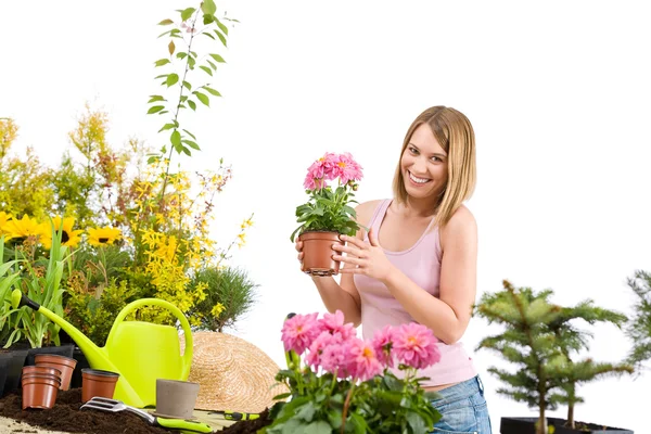 Tuinieren Gelukkige Vrouw Die Bloempot Met Bloeiende Bloem Witte Achtergrond — Stockfoto