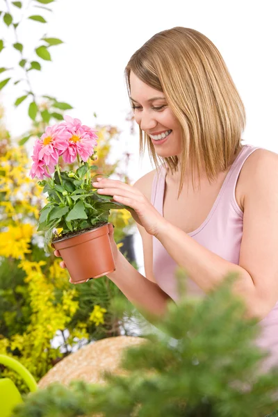Gardening Happy Woman Holding Flower Pot Blossoming Flower White Background — Stock Photo, Image