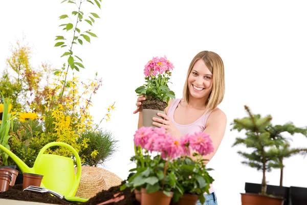 Gardening Happy Woman Holding Flower Pot Blossoming Flower White Background — Stock Photo, Image