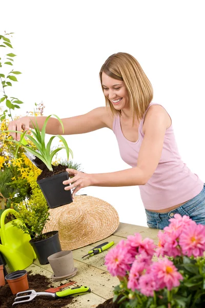 Tuinieren Lachende Vrouw Die Bloempot Met Plant Witte Achtergrond — Stockfoto
