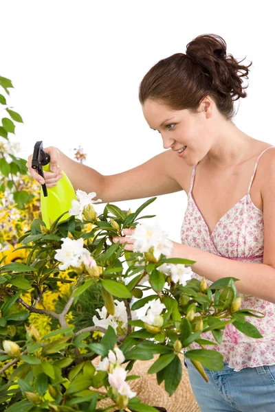 Gartenarbeit - Frau besprengt Rhododendronblüte mit Wasser — Stockfoto