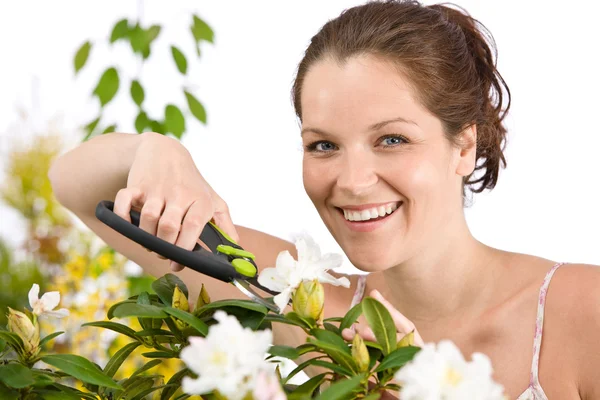 Gartenarbeit Frau Schneidet Blume Mit Gartenschere Auf Weißem Hintergrund — Stockfoto