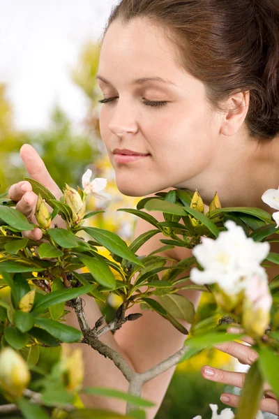 Gardening Woman Smelling Blossom Flower White Background — Stock Photo, Image