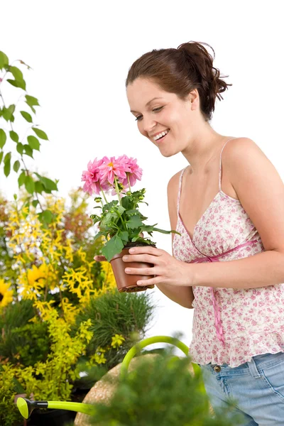 Jardinagem Mulher Sorridente Segurando Vaso Flores Fundo Branco — Fotografia de Stock