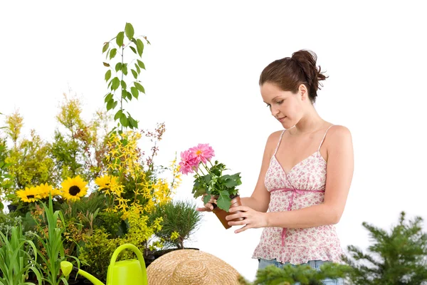Gartenarbeit - lächelnde Frau mit Blumentopf — Stockfoto