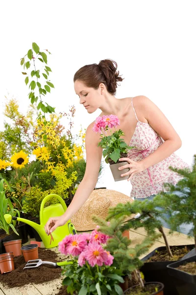 白い背景の上の植木鉢を保持している女性の笑みを浮かべて — ストック写真