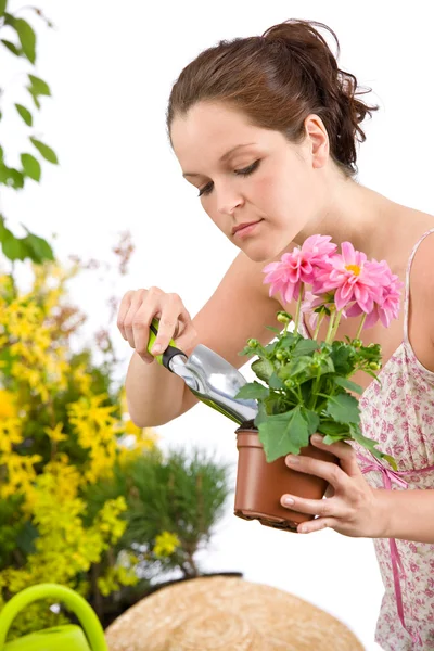 Садівництво Жінка Тримає Квітковий Горщик Лопату Білому Тлі — стокове фото