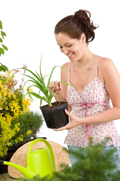Jardinagem Mulher Segurando Vaso Flores Regando Lata Fundo Branco — Fotografia de Stock