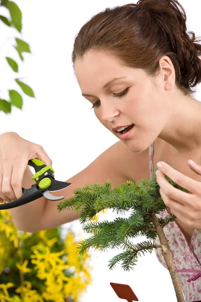 Gartenarbeit Frau Schneidet Baum Mit Baumschere Auf Weißem Hintergrund — Stockfoto