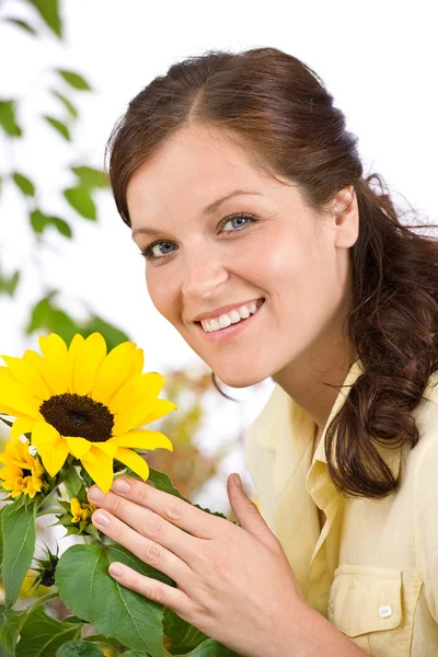 Portrét Šťastné Ženy Slunečnice Bílém Pozadí — Stock fotografie