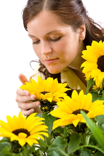 Portrait Beautiful Woman Sunflowers White Background — Stock Photo, Image