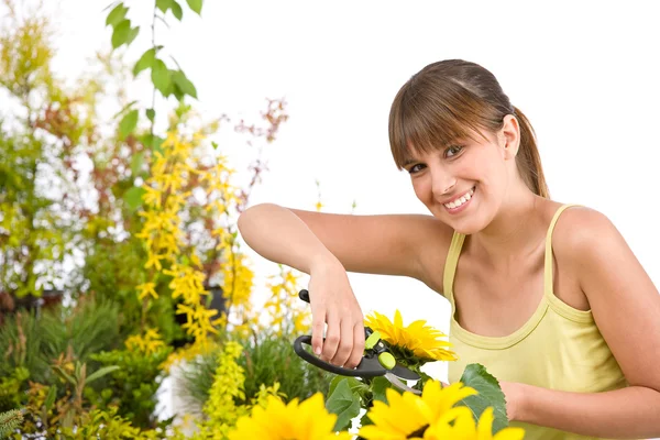 Gartenarbeit Frau Schneidet Sonnenblume Mit Gartenschere Auf Weißem Hintergrund — Stockfoto