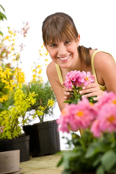 Tuinieren Lachende Vrouw Met Bloem Witte Achtergrond — Stockfoto