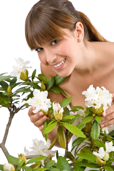 Κηπουρική Πορτραίτο Γυναίκας Λουλούδι Rhododendron Άσπρο Φόντο — Φωτογραφία Αρχείου