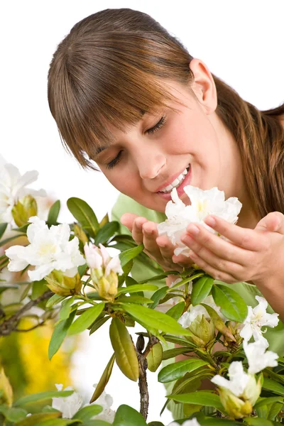 Gardening - Portrait of woman with Rhododendron flower — Stock Photo, Image