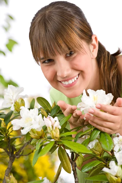 Tuinieren Portret Van Vrouw Met Rhododendron Bloem Witte Achtergrond — Stockfoto