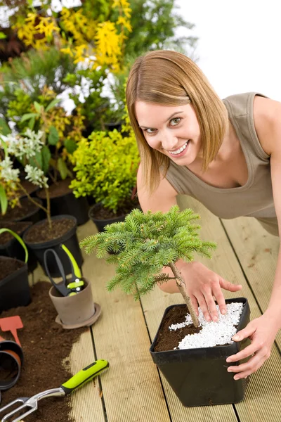 Jardinagem - mulher com bonsai árvore e plantas — Fotografia de Stock