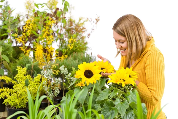 Gardening Portrait Woman Sunflowers White Background — Stock Photo, Image