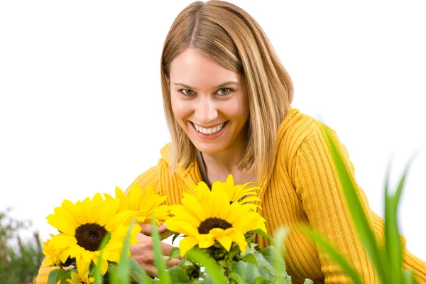 Gartenarbeit Porträt Einer Frau Mit Sonnenblumen Auf Weißem Hintergrund — Stockfoto