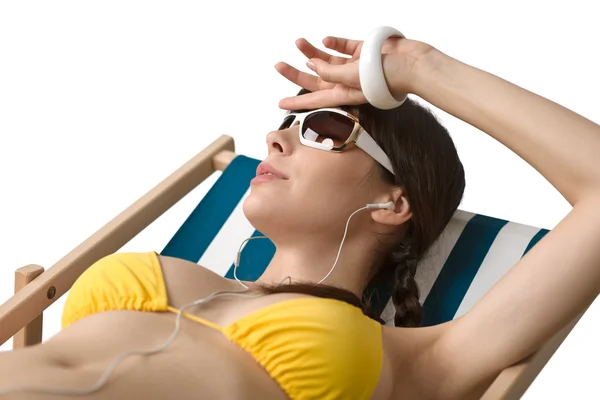 Beach Woman Ear Buds Sunglasses Sunbathing Bikini Listen Music — Stock Photo, Image