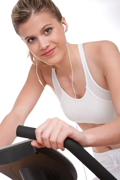 Fitness Series Woman Headphones Exercising White Background Stock Picture