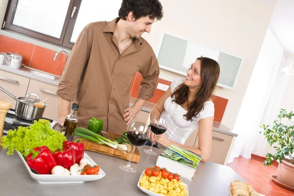 Happy Couple Modern Kitchen Red Wine Cook Together — Stock Photo, Image