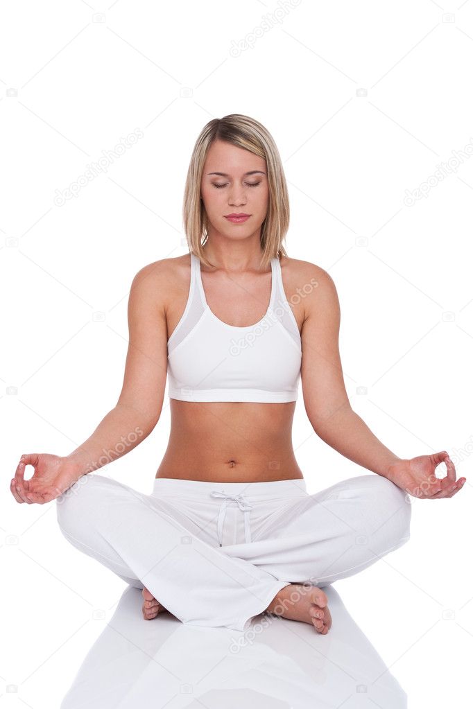 Fitness series - Blond woman in yoga position on white background