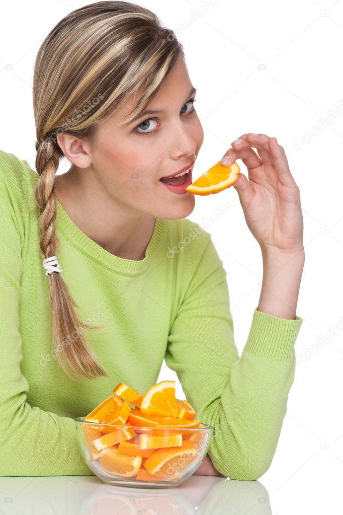 Healthy lifestyle series - Woman biting slice of orange