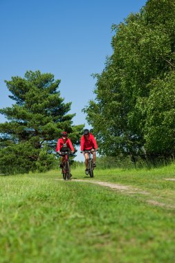 Young couple with mountine bike in spring nature on sunny day biking clipart