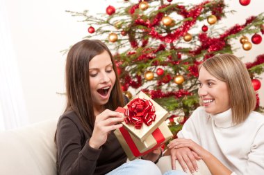 Young woman unpacking Christmas gift clipart