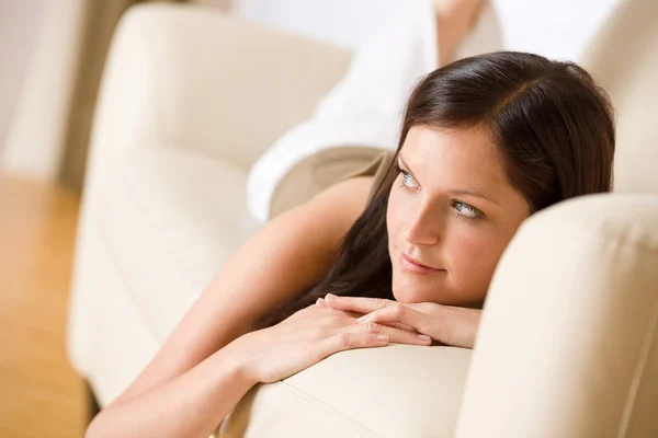 Young Woman Relax Lying Sofa Lounge — Stock Photo, Image