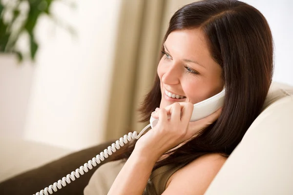 Telefone Para Casa Mulher Chamando Sala Estar — Fotografia de Stock