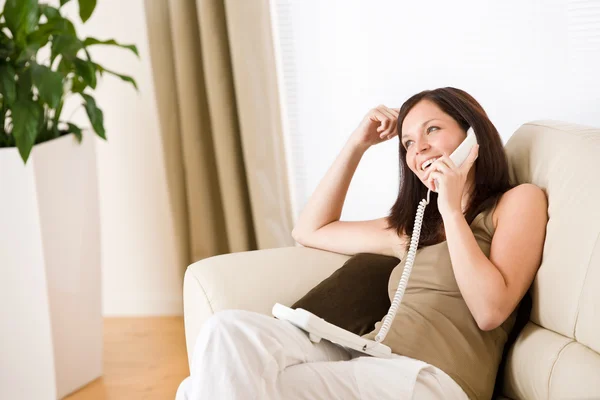 Telefone Para Casa Mulher Chamando Sala Estar — Fotografia de Stock