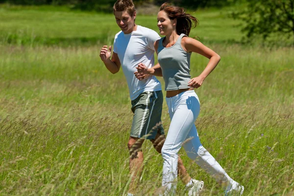 Young Couple Jogging Outdoors Spring Nature Sunny Day — Stock Photo, Image