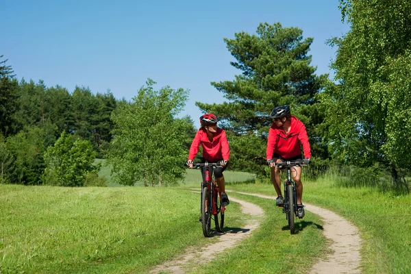 Mountine 自行车弹簧性质上阳光灿烂的日子 骑自行车的年轻夫妇 — 图库照片