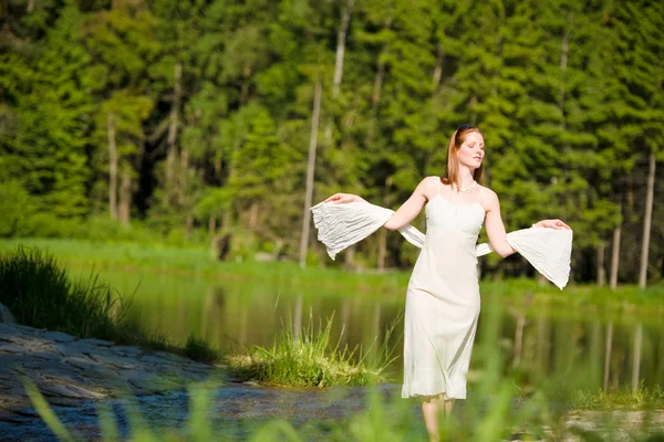 Beautiful romantic woman in summer sunny nature — Stock Photo, Image