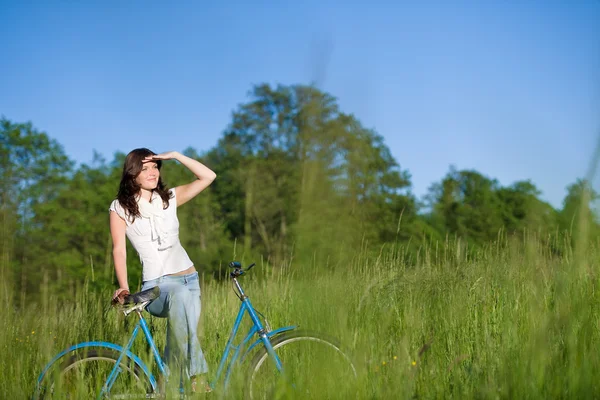 Woman Old Fashioned Bike Summer Meadow Sunny Day — Stock Photo, Image