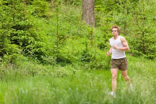 朝ラン 若い男の陽気な衣装で自然の中をジョギング — ストック写真